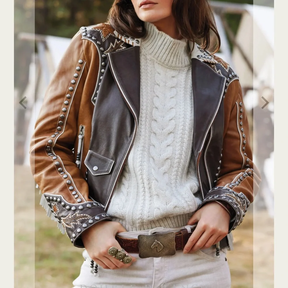 Double D Ranch Leather fringe Jacket studded bucking horse cowgirl RTL $1395 NWT - Picture 14 of 15